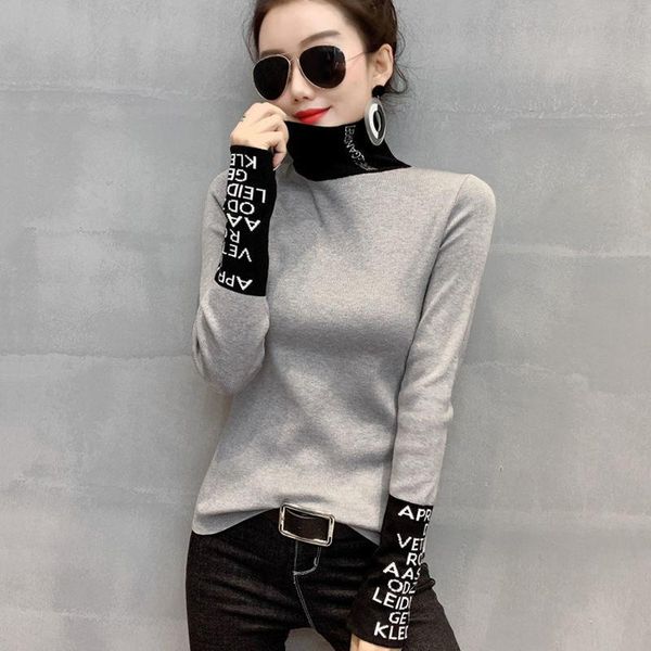 

women's sweaters spring autumn knitted sweater office lady turtleneck pullover slim fit contrast sleeves korean fashion sweter damski, White;black