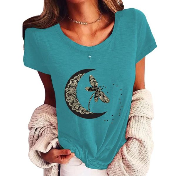 

women dragonfly print short sleeve t-shirt fashion casual style ladies o neck loose summer tees plus size streetwear 5xl women's, White