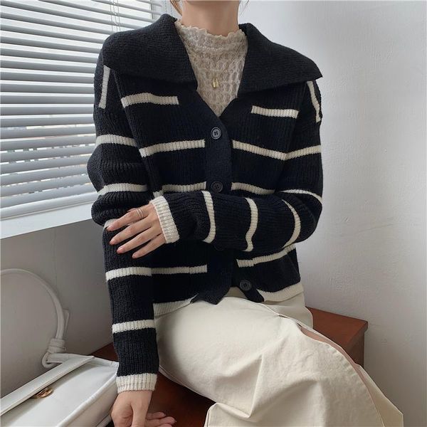 

women's knits & tees alien kitty 2021 autumn ladies sweater striped turn down collar single-breasted knitting fashion casual gentle car, White