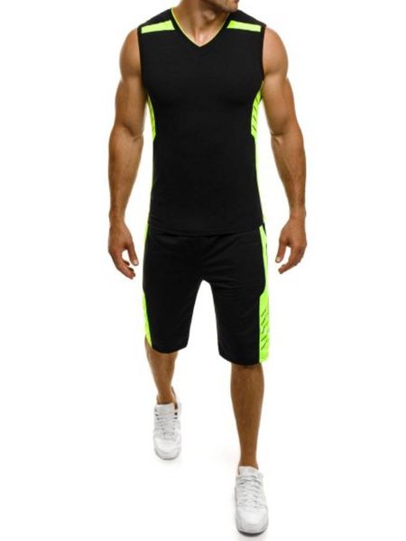 

gym bodybuilding mens v-neck vest + shorts sets summer tracksuits male fitness tankmuscle singlet workout sleeveless sweat shirts casual spo, Gray
