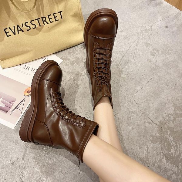 

boots women shoes pu leather platform ankle british style thick sole short botines mujer 2021, Black