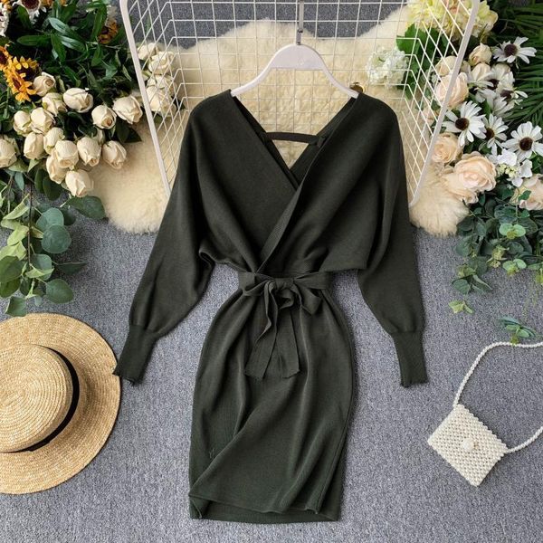 

batwing v neck elegant bandage winter ladies knit sweater dress, Black;gray