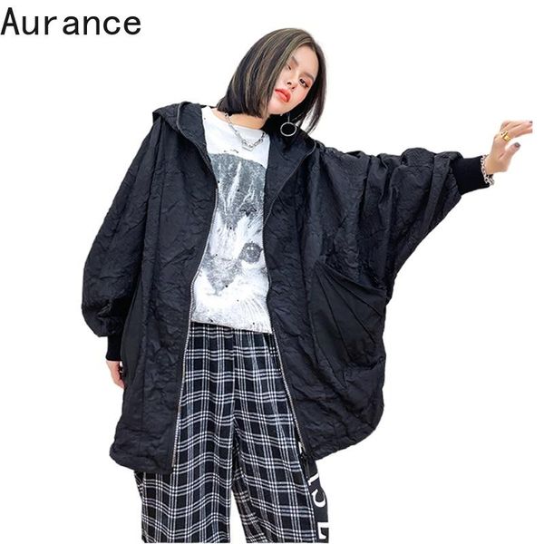 

women's jackets [aurance] women loose fit black wrinkled pocket big size jacket hooded long sleeve coat fashion tide spring autumn 2021, Black;brown