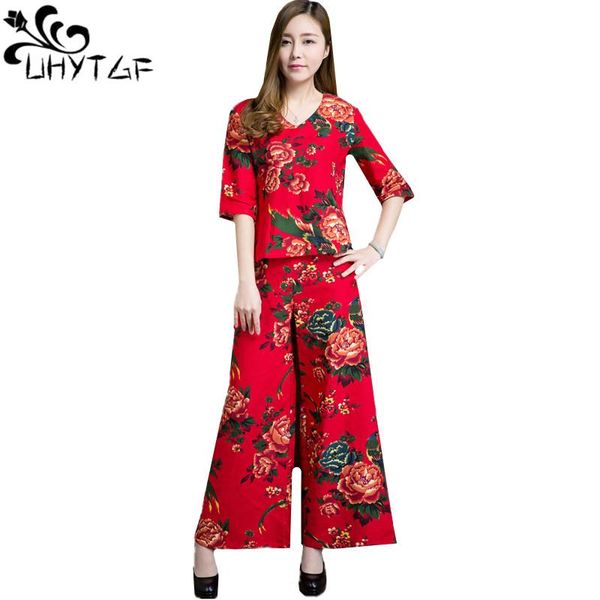

spring summer 2 piece set women national style vintage printed thin cotton linen wide leg pants two sets female 227 women's tracksuits, Gray