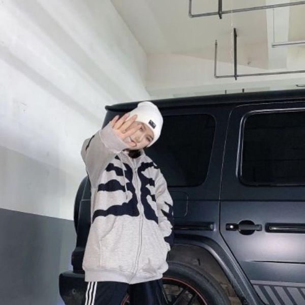 

women's hoodies & sweatshirts gray skeleton loose lace up hooded women korean style print zipper long sleeve irregular autumn winter fe, Black