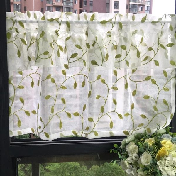 

curtain & drapes green embroidered leaves double layer pleated gauze short tulle curtains for the kitchen counter dust-proof decorative #5