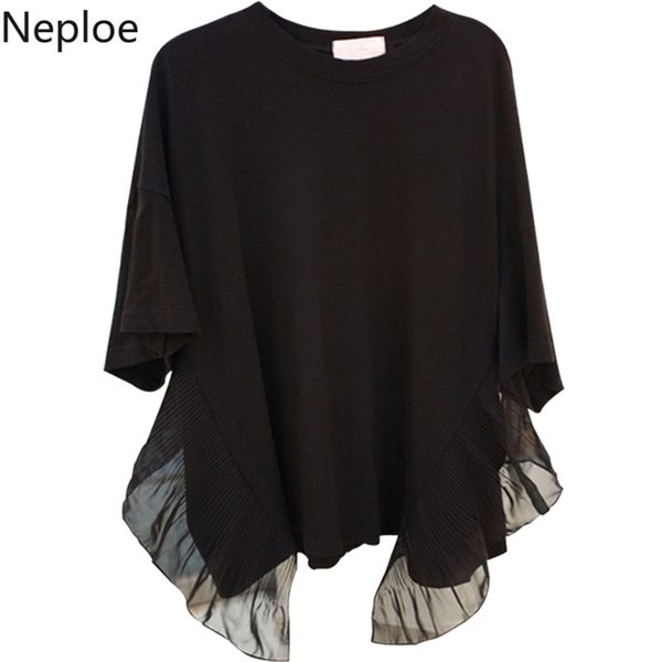 

ruffles patchwork t shirts women summer fashion o neck short sleeve pleated ladies tees loose casual a10056 210422, White