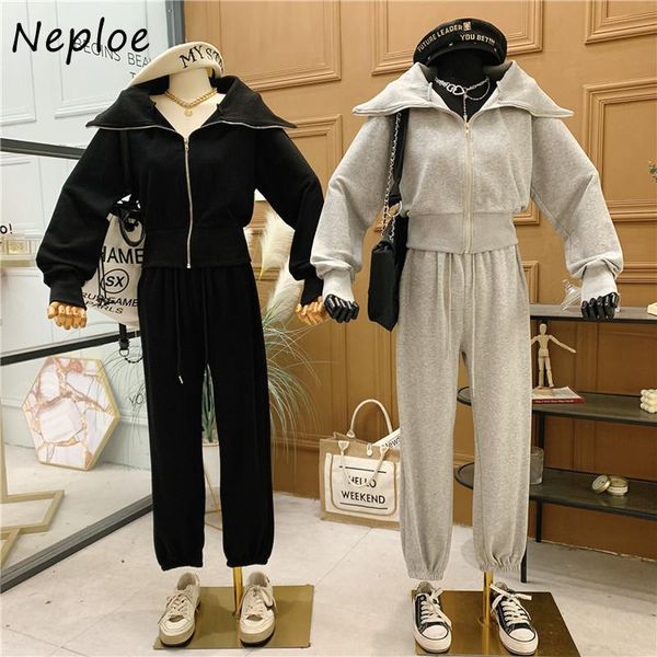 

neploe casual solid soft 2 pcs women set turn down collar long sleeve zipper jacket + high waist hip harem pants spring suit women's tw, White
