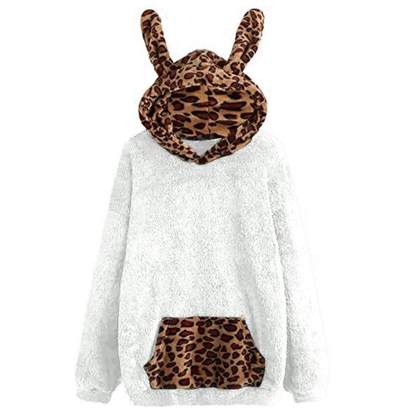 

women's hoodies & sweatshirts plus size leopard print pocket pullover wool hoodie long sleeves streetwear sudaderas con capucha, Black