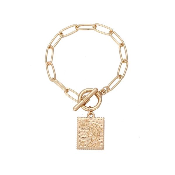 

charm bracelets stainless steel queen elizabeth stamp bracelet for women carved tag on hands gold color vintage jewelry, Golden;silver