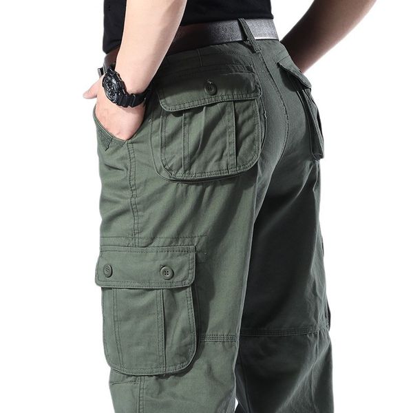

mens cargo pants multi pockets military style tactical pants cotton male outwear straight casual long trousers for men 29-44, Black