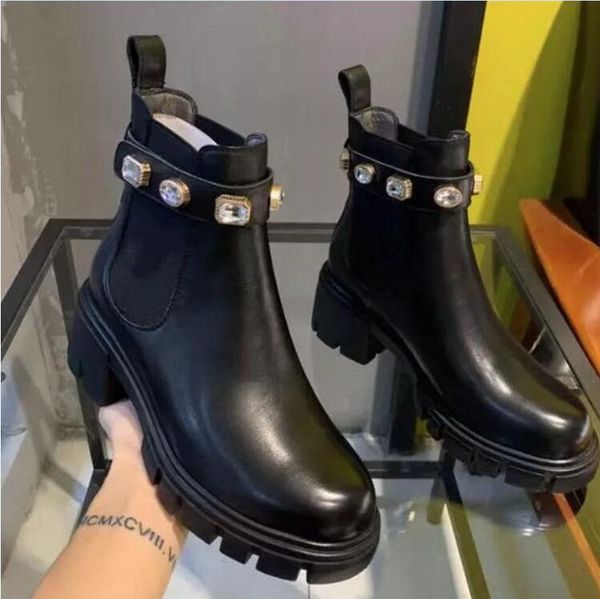 

boots 2021 women's spring rhinestone short thick bottom heel 36-43, Black