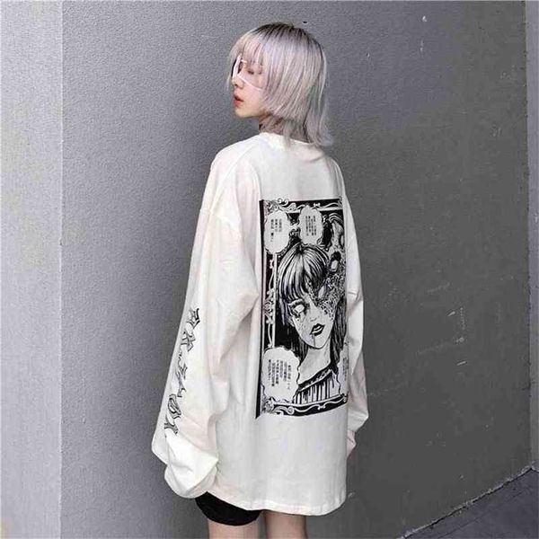 Gótico dos desenhos animados T-shirt gráfico de horror feminino impressão de personagem solto punk japonês camiseta pulôver top harajuku rua camisa 210324