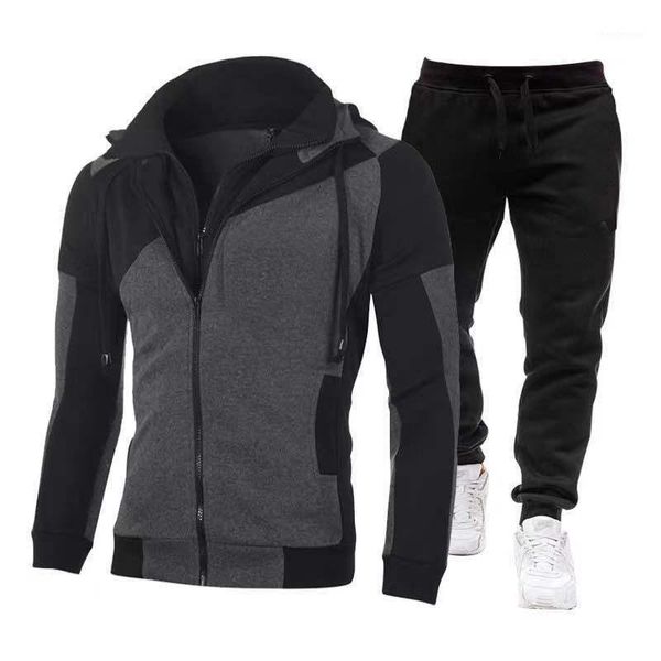 

men's hooded sweatshirt + trousers two-piece suit male color matching sports leisure men outdoor tracksuits, Gray