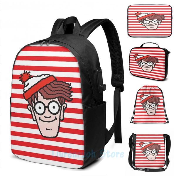

backpack funny graphic print wheres waldo face usb charge men school bags women bag travel laptop