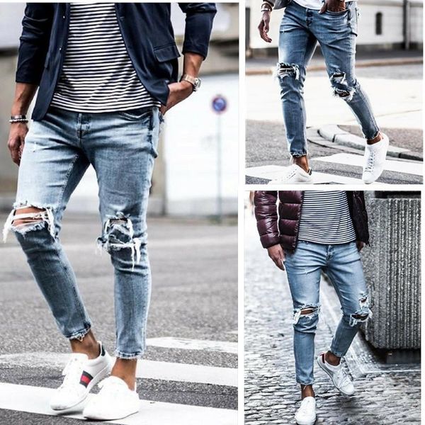

men's jeans fad ripped cool stretch elastic denim pants for male spring summer autumn gothic broken hole moto biker, Blue