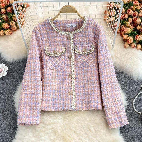 

women's jackets french vintage tweed jacket, korean fashion plaid, wool garment, autumn and winter, 2021, Black;brown