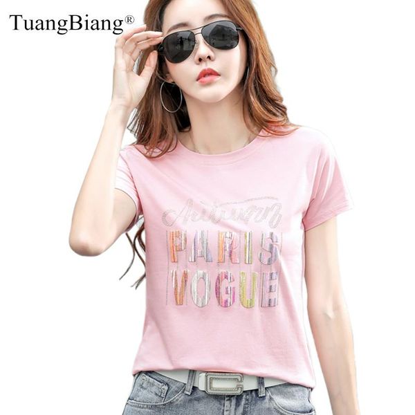 

summer short sleeve diamonds cotton t-shirts women paris vogue 3d letter printing tshirts o-neck female appliques pink women's t-shirt, White
