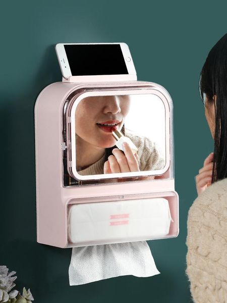 

make up organizer with mirror wall mounted makeup storage box dustproof jewelry home face wipes display rack boxes & bins