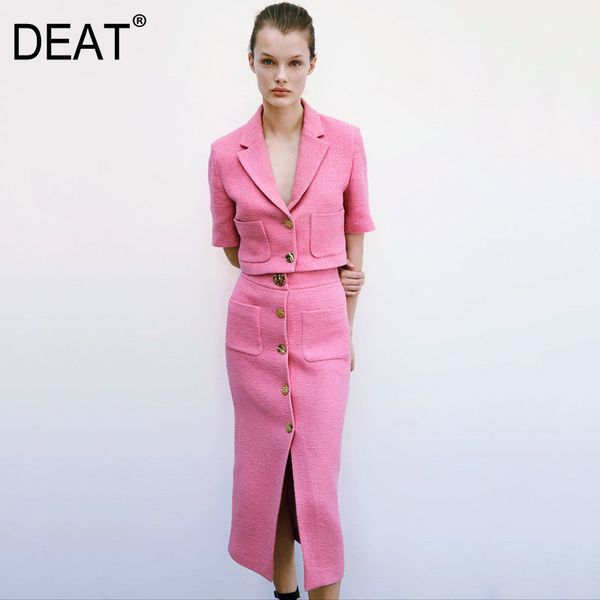 

spring and autumn fashion women clothes notched collar short sleeves pink color half body skirt set ws130 210525, White