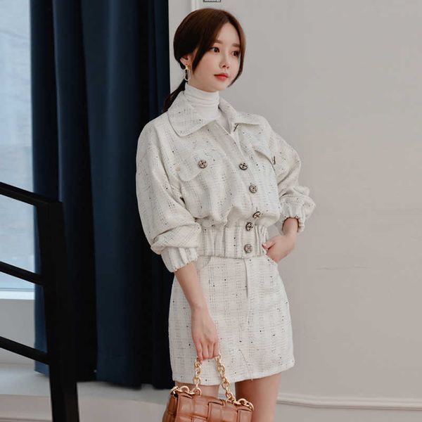 

casual plaid tweed two-piece skirt suits women sets elegant female chic office ladies short jacket 210529, White