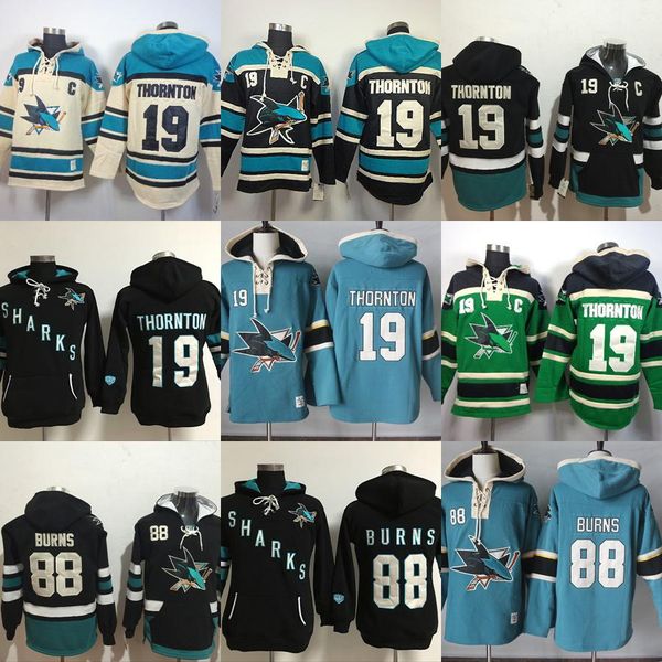 

mens womens kids custom san jose sharks 19 joe thornton 88 brent burns beige black blue green embroidery ice hockey hoodies, Black;red