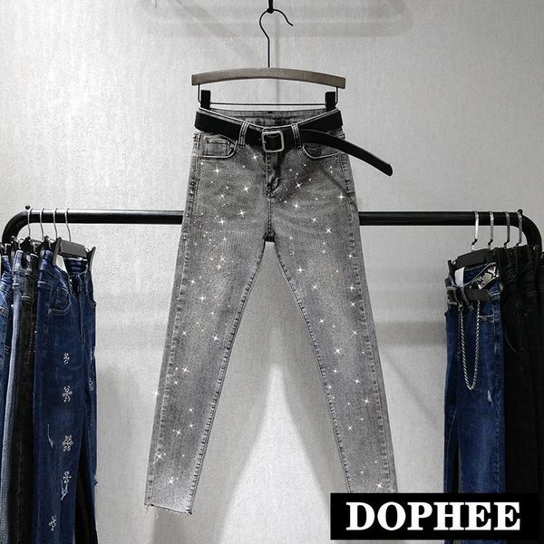 

women's jeans european high waist skinny trousers spring women drill pencil pants nine-point girl lady streetwear grey, Blue