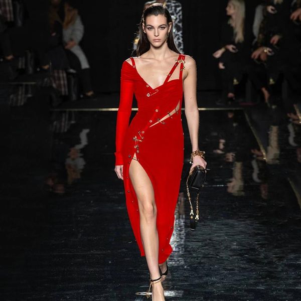 

casual dresses autumn chic stitch split bodycon bandage dress 2021 hollow v-neck one-shoulder pleated celebrity party vestidos, Black;gray