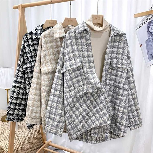 

korean style loose casual shirt jacket women autumn and winter all-match retro houndstooth brushed woolen street 211014, Black;brown