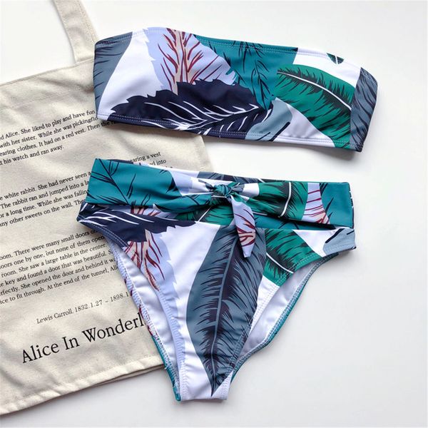 

bandeau leaves female swimsuit high waist bikini 2021 women swimwear two-pieces bikini set bather bathing suit swim lady k2320