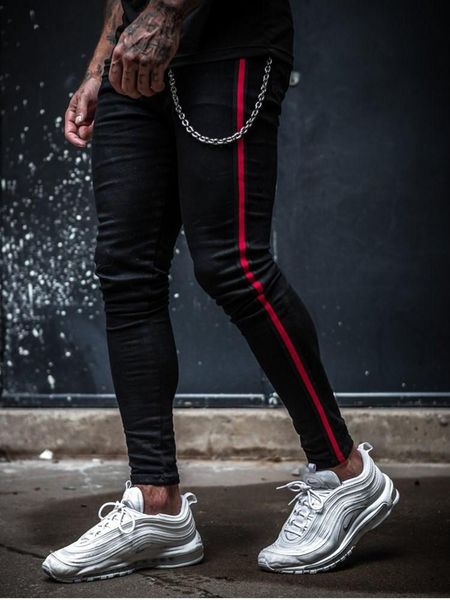 

mens side stripe skinny black denim pants hip hop streetwear solid color trousers plus size slim fit motorcycle jeans for men men's, Blue