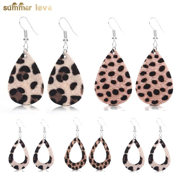 

fashion leopard print leather pirecing stud earrings for women girl hollow waterdrop faux fur leathers hook dangle earring jewelry gift whol, Golden;silver