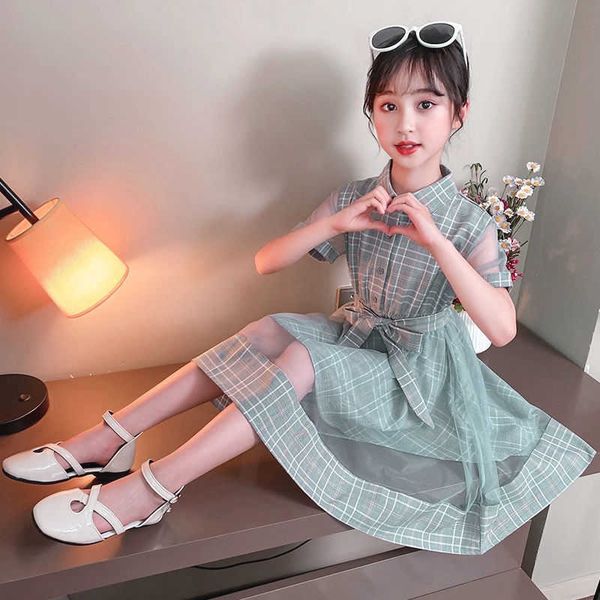 

summer dress girls short sleeve childrens clothing new small fresh lattice net yarn patchwork princess dress girls party dresses, Red;yellow