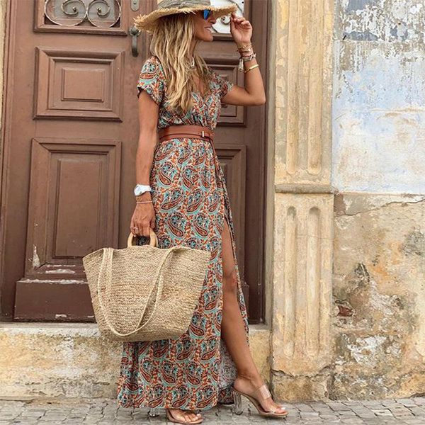 

casual dresses vintage boho long dress women's floral print v-neck short sleeve elegant vestidos plus size 2021, Black;gray