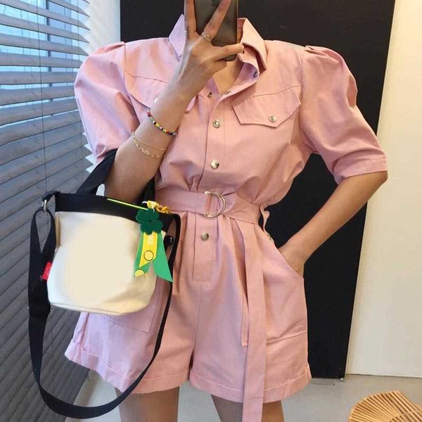 

est pink lapel metal button single-breasted loose short sleeve playsuit jumpsuit women multi-pocket belt tooling rompers 210525, Black;white
