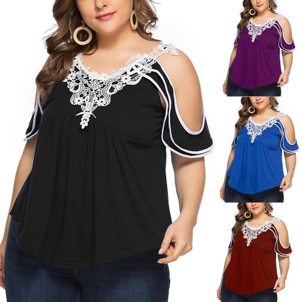 

women's t-shirt summer women oversized t shirt fashion plus size tiered lace appliques cold shoulder v-neck streetwear clothes, White