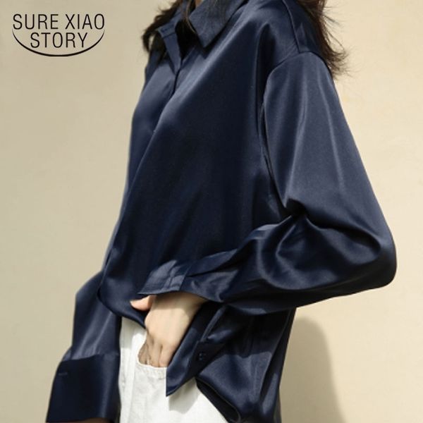 

autumn fashion button up satin silk shirt vintage blouse women white and blue lady long sleeves female loose street shirts 11355 210317