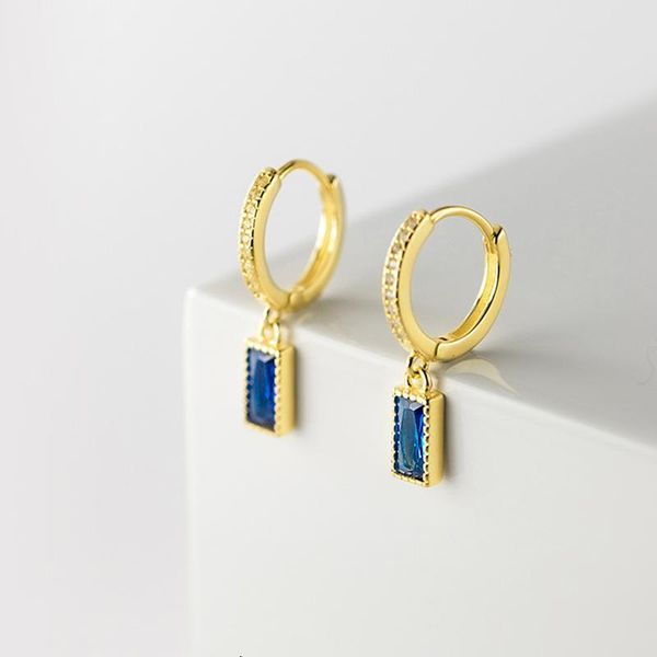 

hoop & huggie 100% 925 sterling silver blue colour zircon cube square earrings elegant women accessory girl fine gift, Golden;silver