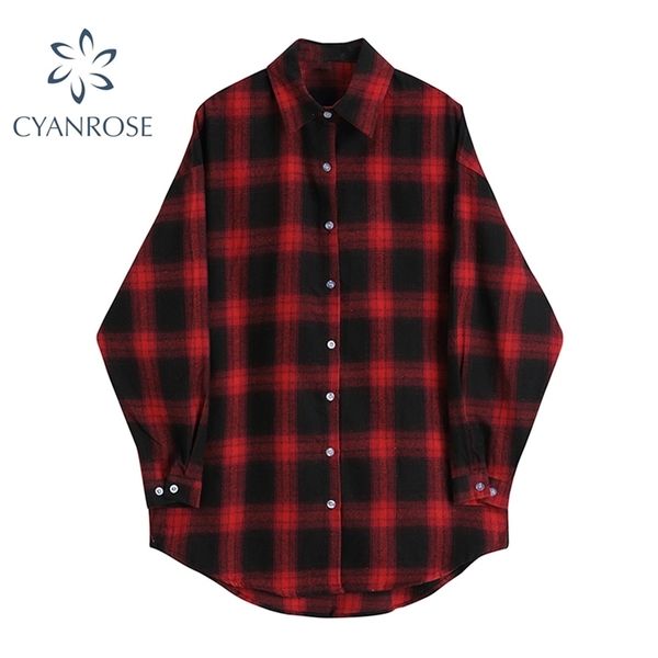 

black&red plaid oversized blouse women streetwear shirts female harajuku long sleeve casual classic couple y2k blusas 210515, White