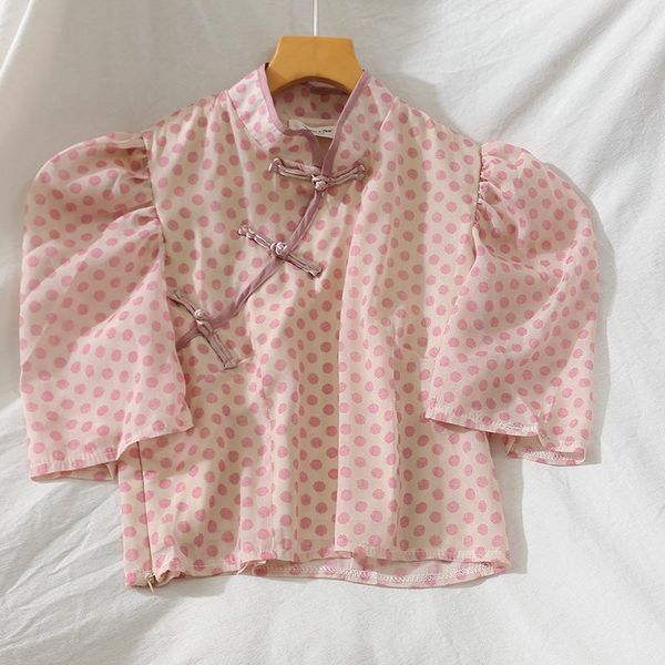 

women's blouses & shirts korean summer thin cheongsam button stand collar polka dot retro puff sleeve short women fashion streetwear, White