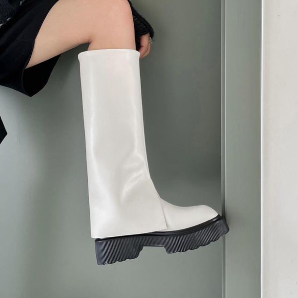 

boots arden furtado 2021 autumn winter fashion women's shoes round head chunky heels flat platform knee high slip-on 40, Black