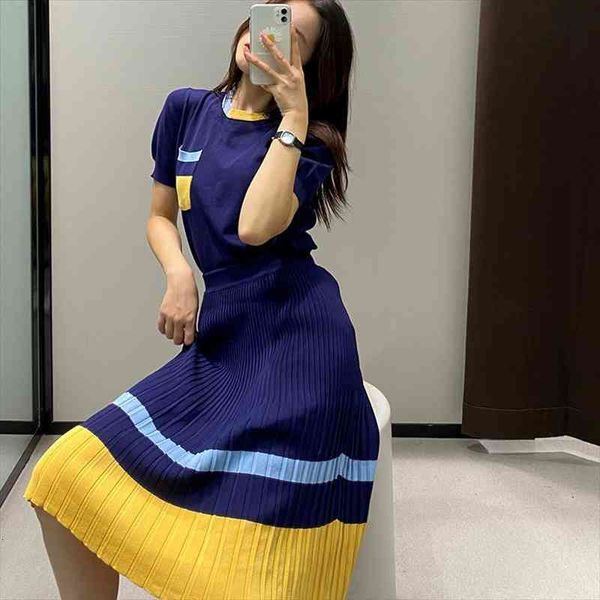 

striped knitted two piece set women o-neck short sleeve sweater pullovers elastic waist midi skirts set vintage casual x400, Gray