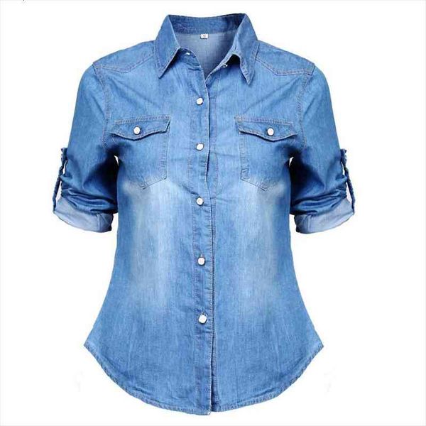 

womens blouses denim shirt fashion casual retro blue long sleeve shirt single breasted clothing, White