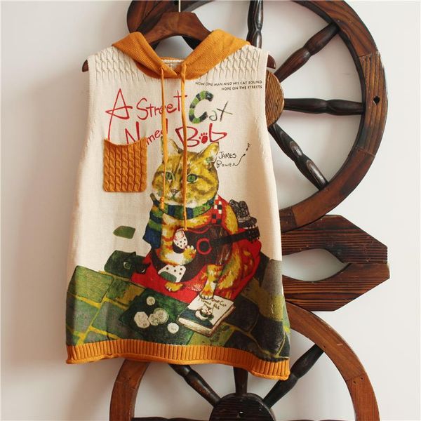 

women's sweaters retro art autumn printed knitted vest outer wear casual sweater 575, White;black