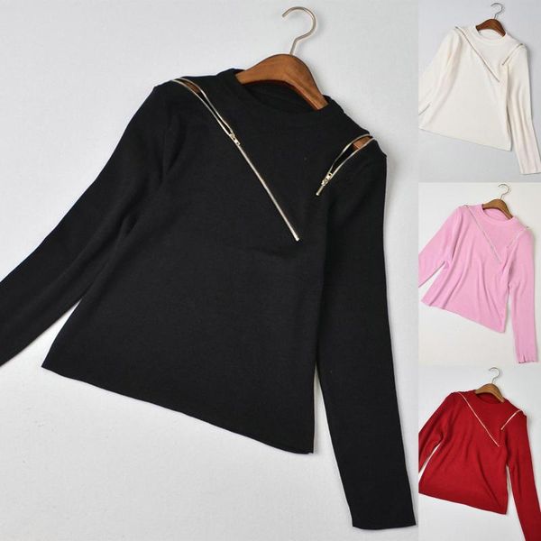 

women's t-shirt stylish women short round neck long sleeve slim zipper pullover blouse, White