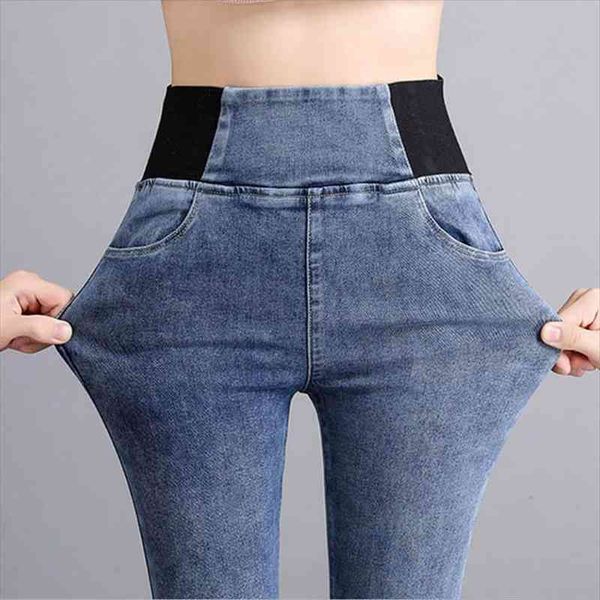 

classic plus size 38 women jean elastic waist skinny mom vintage spring slim stretch denim pencil pant leggings trousers, Blue