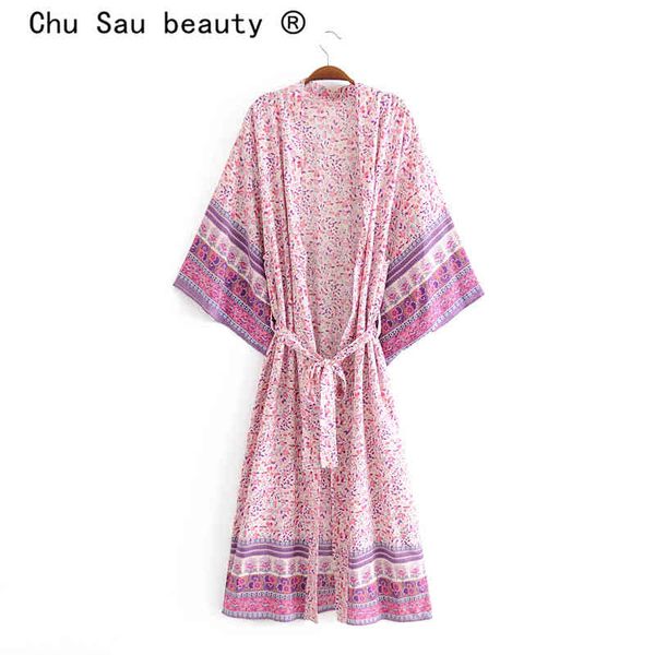 Schönheit Boho Vintage Print Baumwolle Lange Kimono Frauen Urlaub V-ausschnitt Damen Kleider Weibliche Lose Strand Tragen 210514