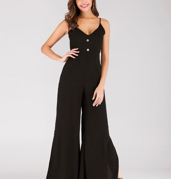 

women's jumpsuits & rompers womens long jumpsuit 2021 fashion ladies deep v side slit backless loose summer women sling black casual, Black;white