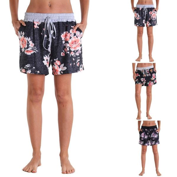 

yoga outfit female sports shorts flower print high elastic waist sweatpants with drawstring and pocket summer surfing clothes