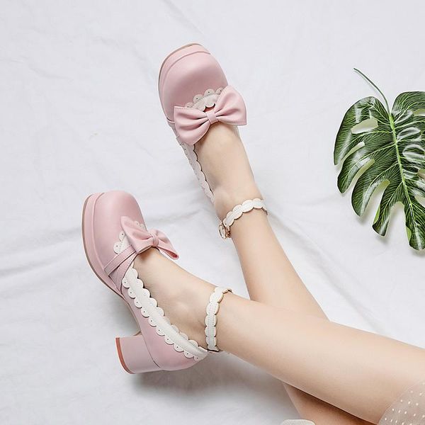 

dress shoes sweet bow thick high heels girls woman buckle strap single student pumps 2021 spring women's lolita, Black